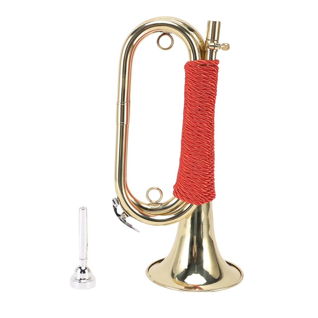 Brass Bugle Gold Plated Cavalry Trumpet with Red Braided Handle for Summer Camp Honor Guard School Band