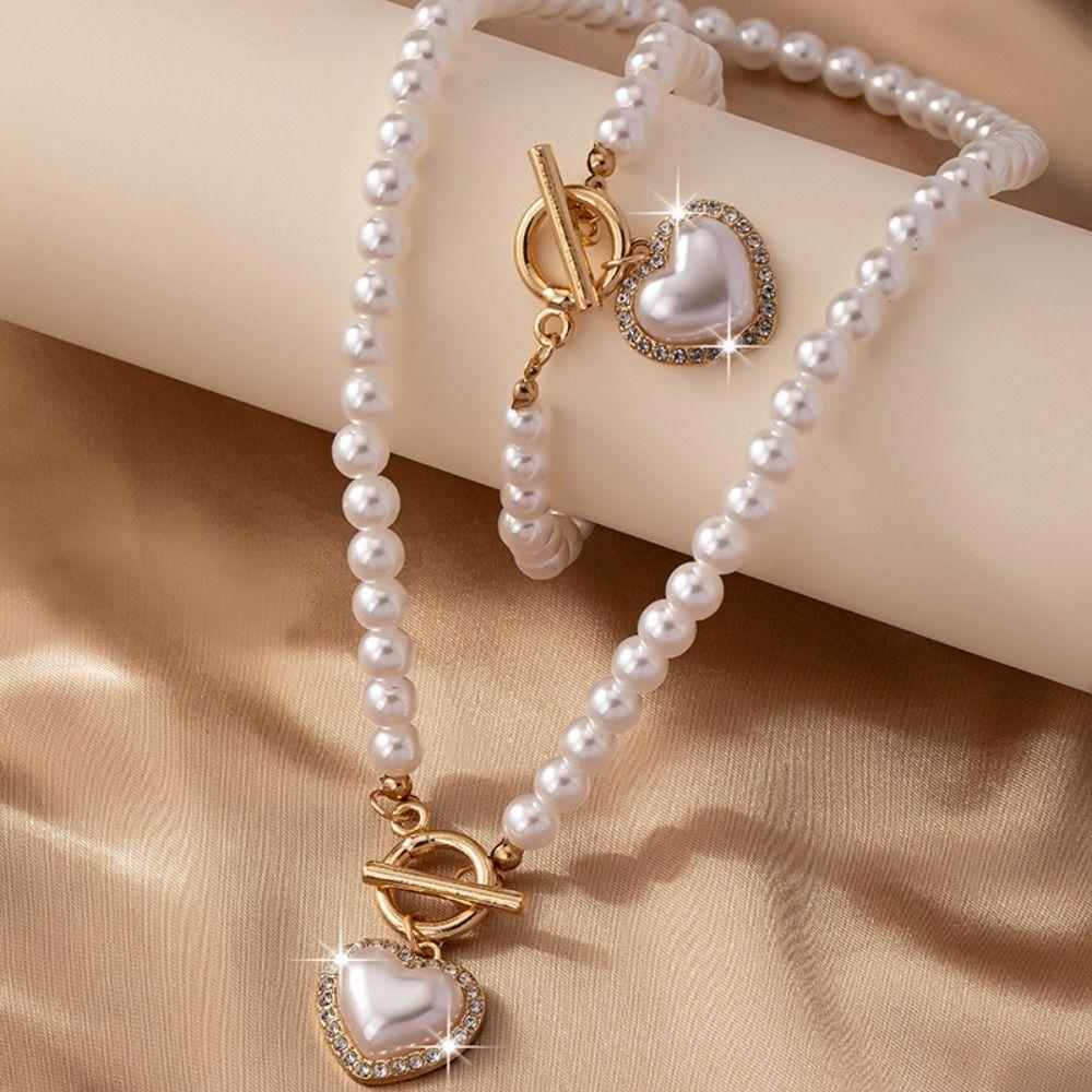Exquisite Heart Pendant Jewelry Set Beaded Pearl Necklace Set Necklace Bracelet Set  Wedding Party