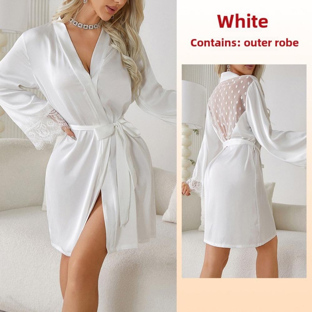 

Імітація Шовку Халат Нічна Сорочка Середньої Довжини Піжама Сітка Горошок Крижаний Шовк Вставки Домашній Одяг L білий