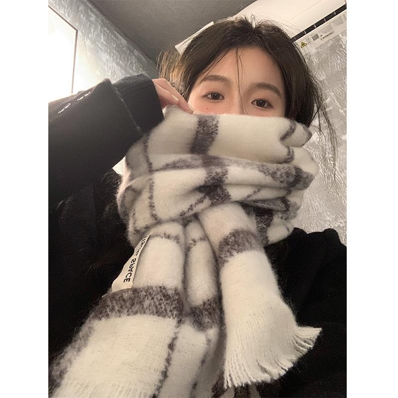 COISINI Mohair Plaid Scarf Women's Winter New Korean Version Versatile Thickened Warm Scarf Shawl