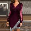 Women's Fashion Mesh-Panel Solid Color V-Neck Long-Sleeve Dress