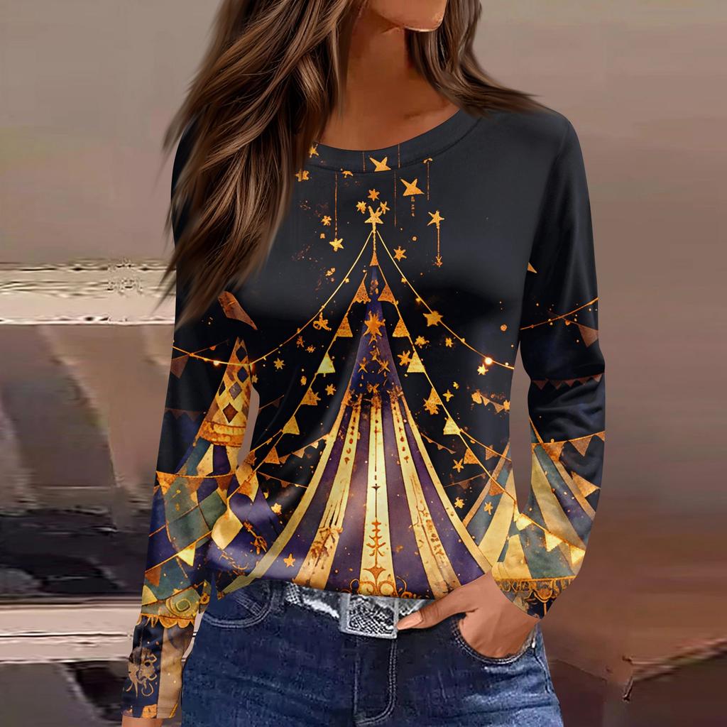 Women's Fashion Casual Slit Hem Round Neck Long Sleeve Loose Printed T-Shirt Top