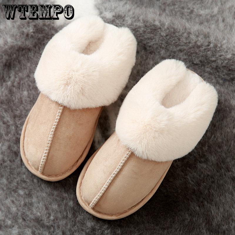 Faux Suede Home Women Full Fur Slippers Winter Warm Plush Bedroom Non-Slip Couples Shoes Indoor Ladies Furry Slippers