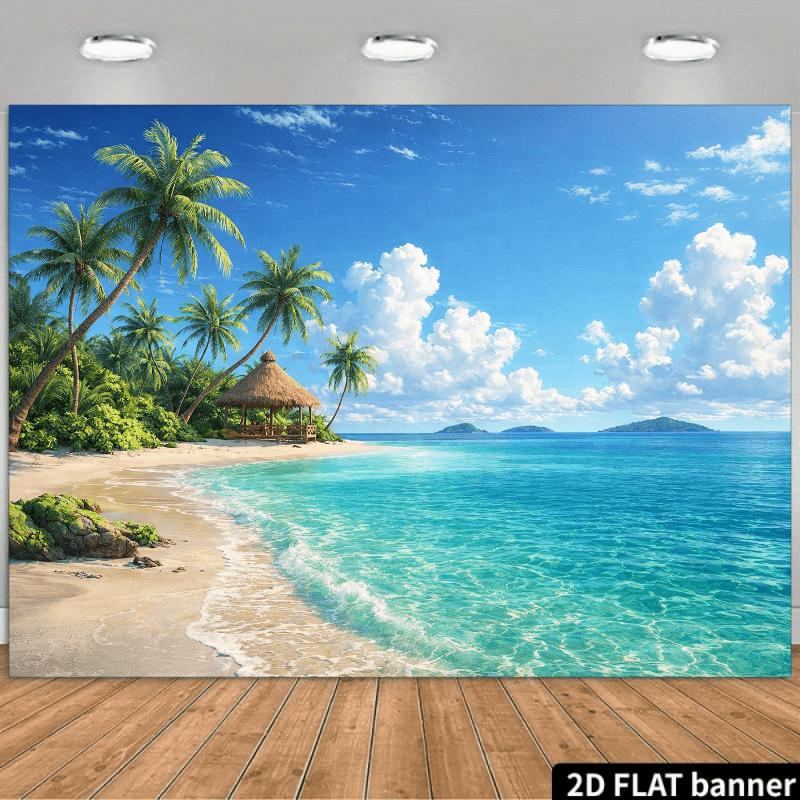 2D Planar Beach Scenery Theme Background Fabric. The Picture Shows a Peaceful White Sandy Beach with Lush Trees.