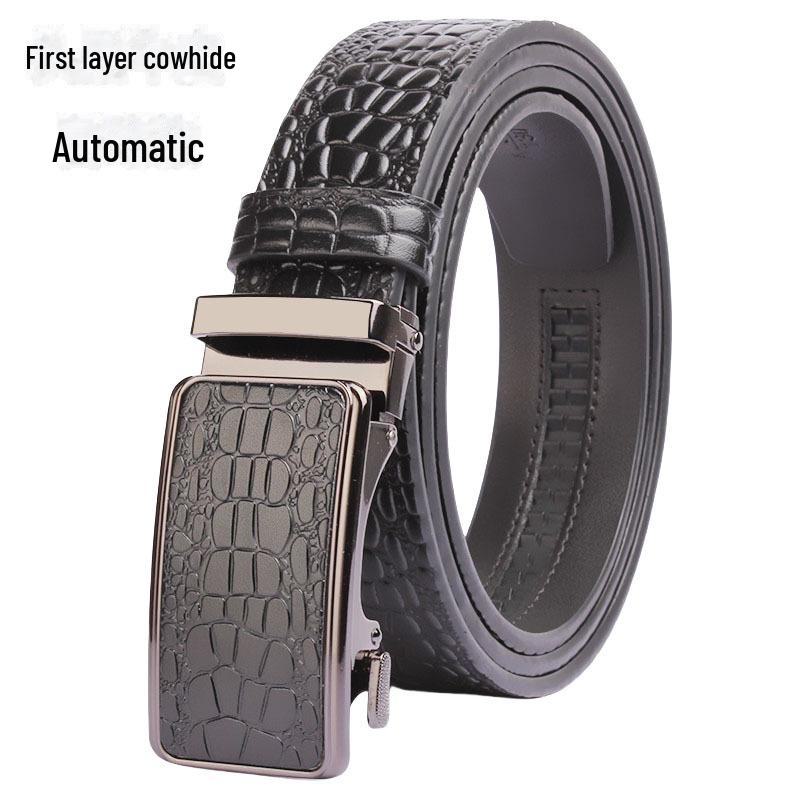 Men's Crocodile Pattern Leather Automatic Belt - Top Grain Cowhide, High-End Design, Genuine Craftsmanship.