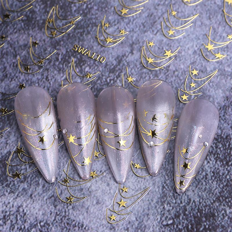 3D Gold/ Silver Star/Sun/Moon Bronzing Nail Art Sticker Laser Star Moon Styles Nail Decal Gold Silver Self-Adhesive Slider