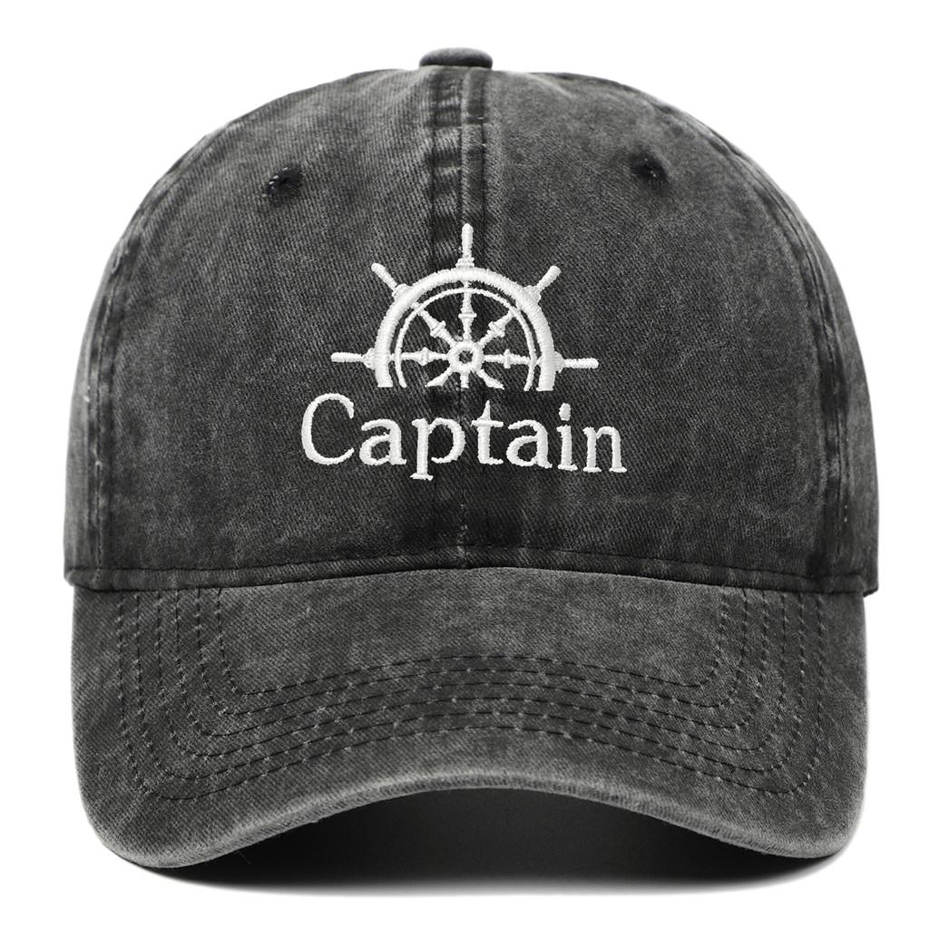 

Vintage Wash Captain Embroidered Baseball Cap With Adjustable Strap For Casual Wear Black