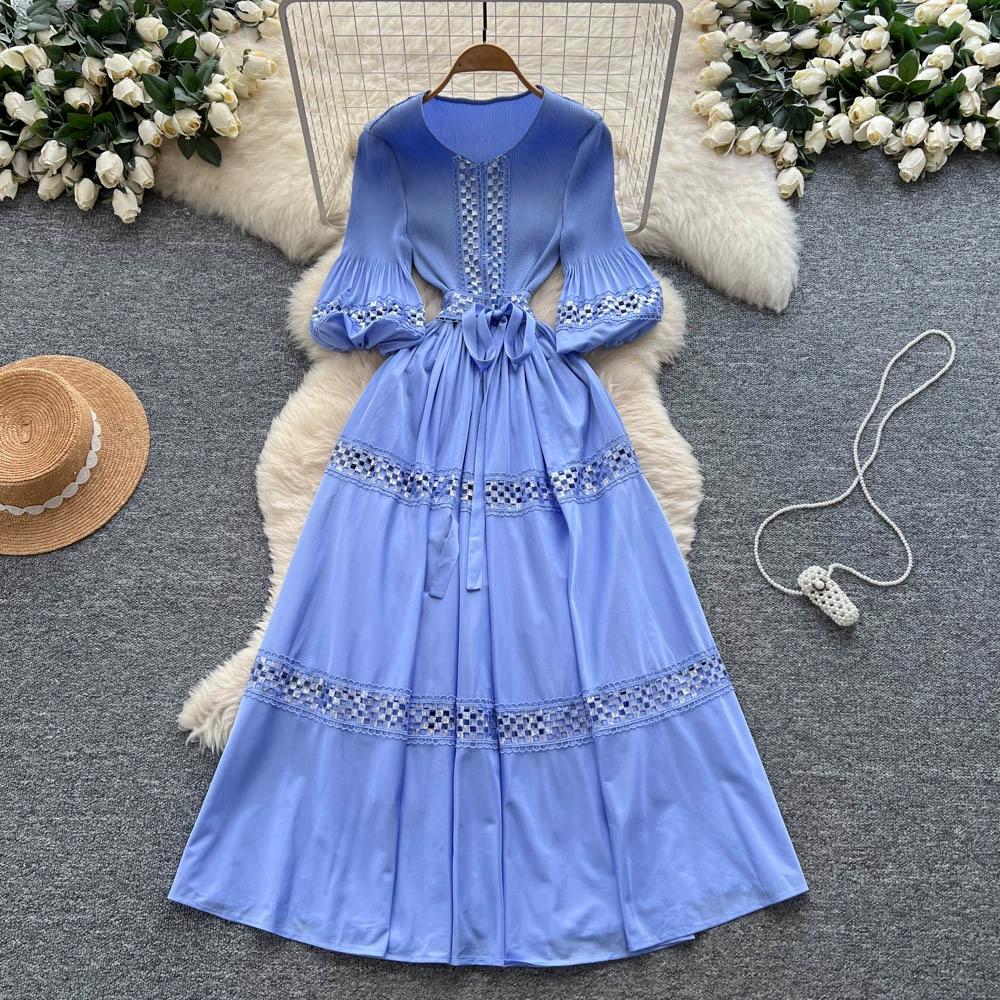 High-End Heavywork Lacing Paillette-Panel Waist-Banding Lantern Sleeve Maxi Dress for Women Autumn Charming Long Women Dress