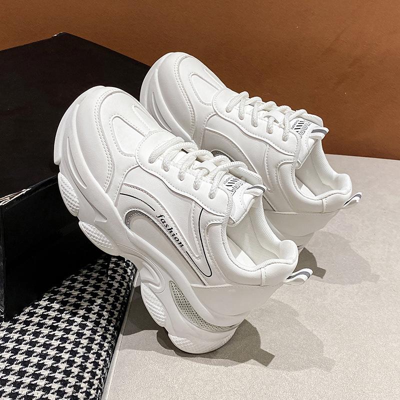 Leather casual sports shoes women's 2025 spring new heightening dad shoes women's fashion thick-soled running travel white shoes