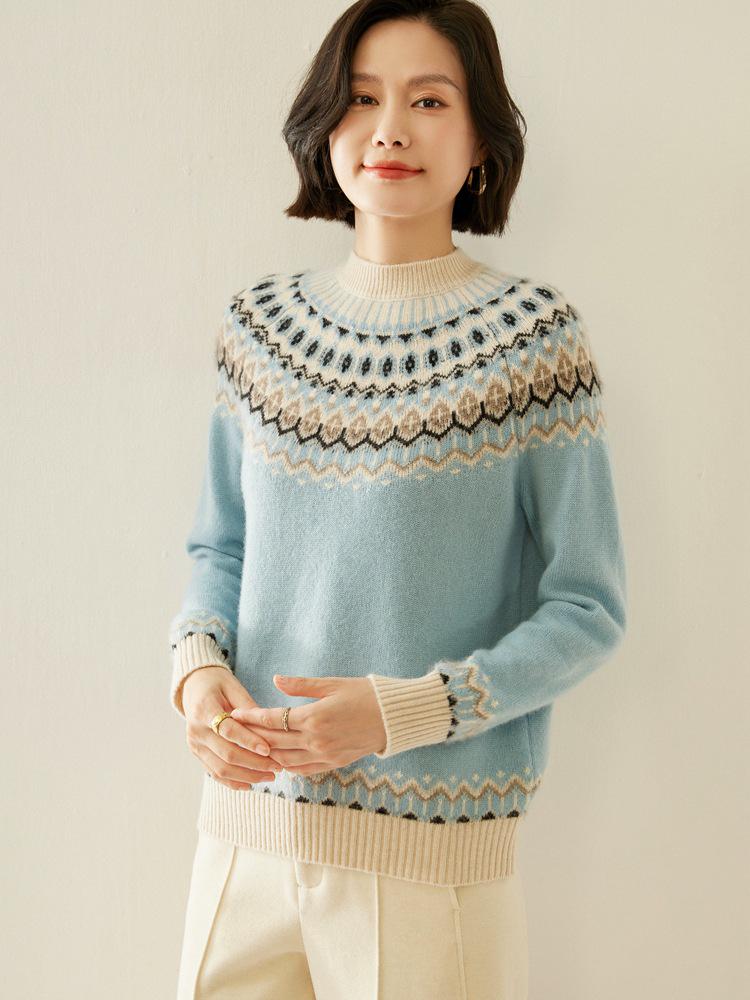 Women's Thickened Fair Isle Cashmere Pullover Sweater - Round Neck, Long-Sleeve, Double-Ply Wool Jacquard