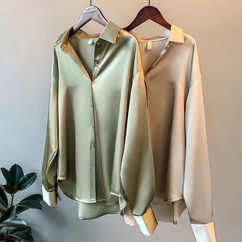 

2024 Women s Retro Hong Kong Style Satin Long Sleeve Shirt S