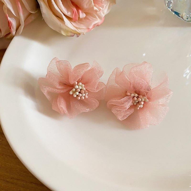 Silver Needle Pink Chiffon Flower Fringed Stud Earrings Small Fresh and Sweet Vacation Style Earrings Light Luxury High-end Earrings Women