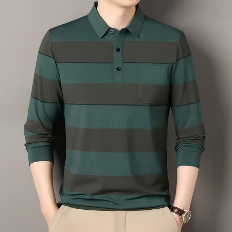 Men'S Spring And Autumn Striped Long-Sleeved Polo Shirt Cotton Lapel T-Shirt Skin-Friendly Color Matching Top