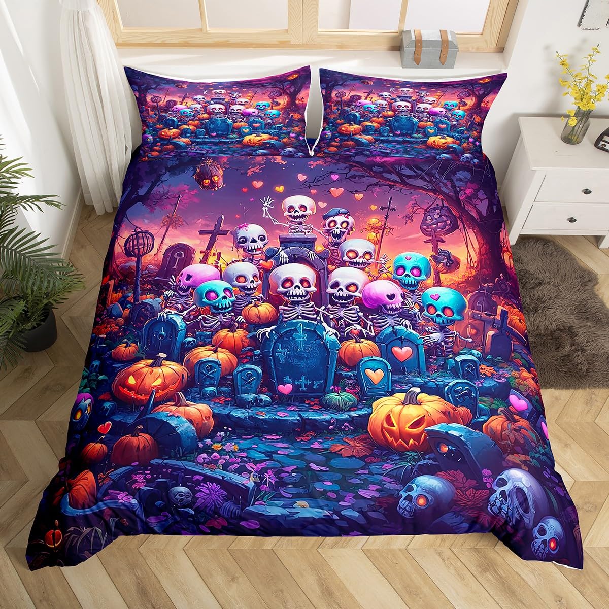 

Halloween Twin Duvet Cover Spooky Ghost Pumpkin Bat Bedding Set Horror Castle Funny Halloween Comforter Cover for Kids Adults EU Single(135x200cm)