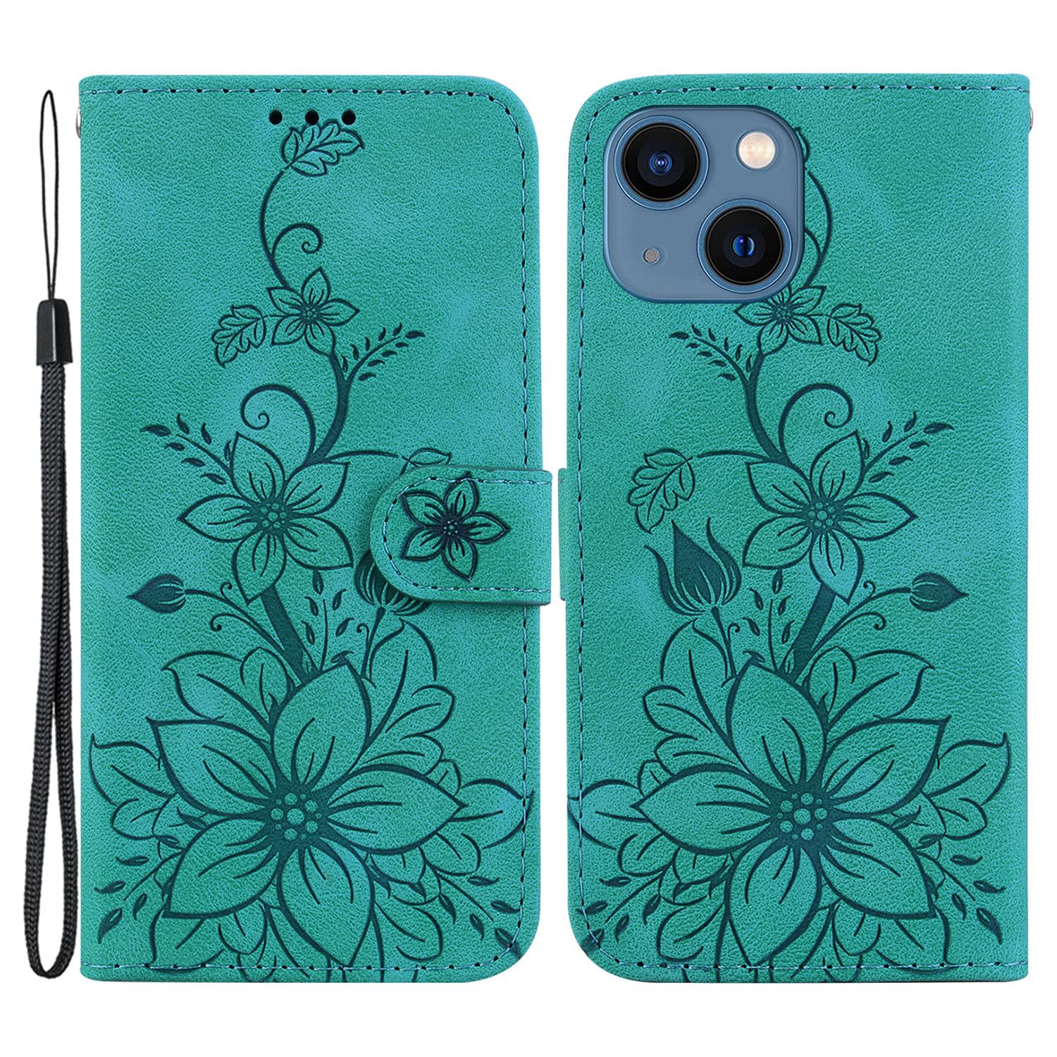 

For iPhone 15 Imprinted Lily Flower Case PU Leather Folio Flip Wallet Stand Shell Green