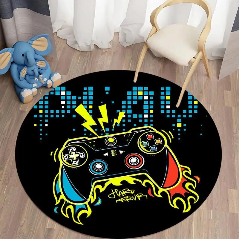 Cartoon Gamer Game Controller Round Area Rug,Circle Carpet Rugs for Living Room Children's Bedroom Sofa Decor,Non-slip Floor Mat