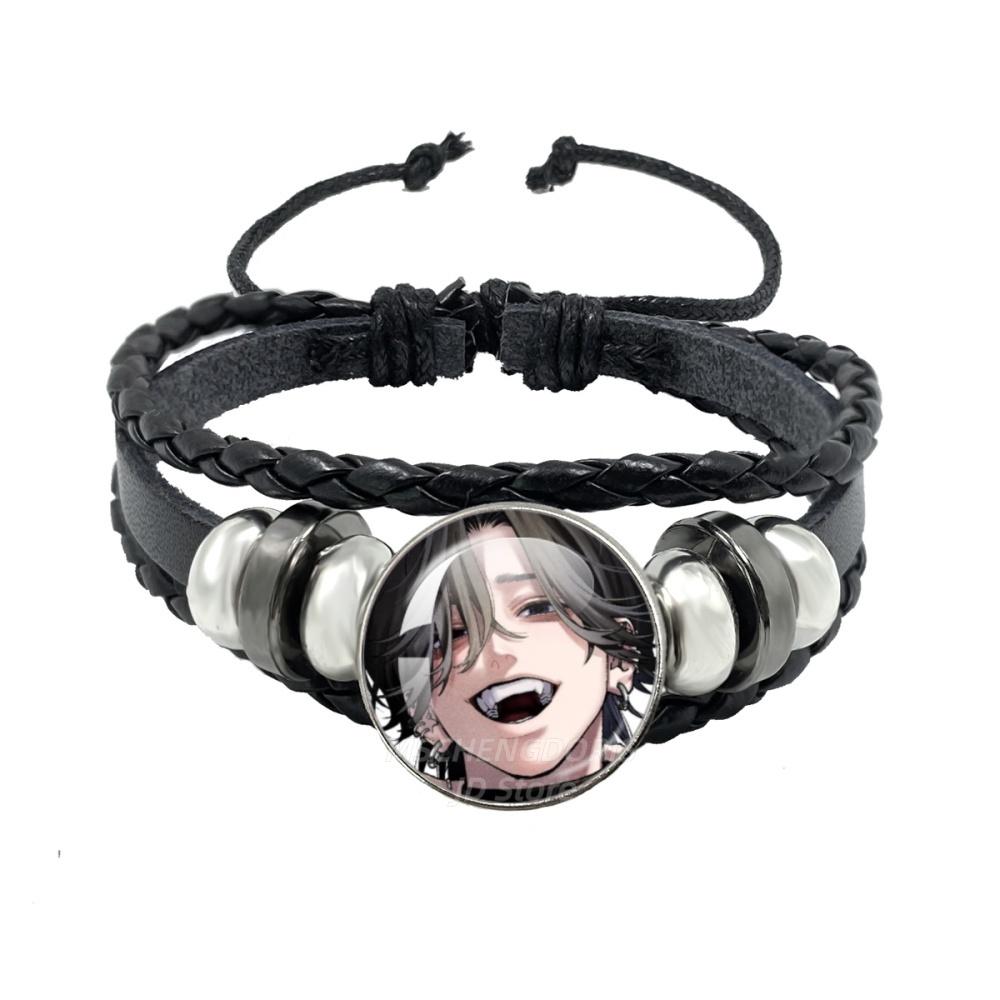 Manga Gokurakugai Cartoon Character Glass Cabochon Black Leather Bangle Bracelet Jewelry Charm Fans Gift MS013