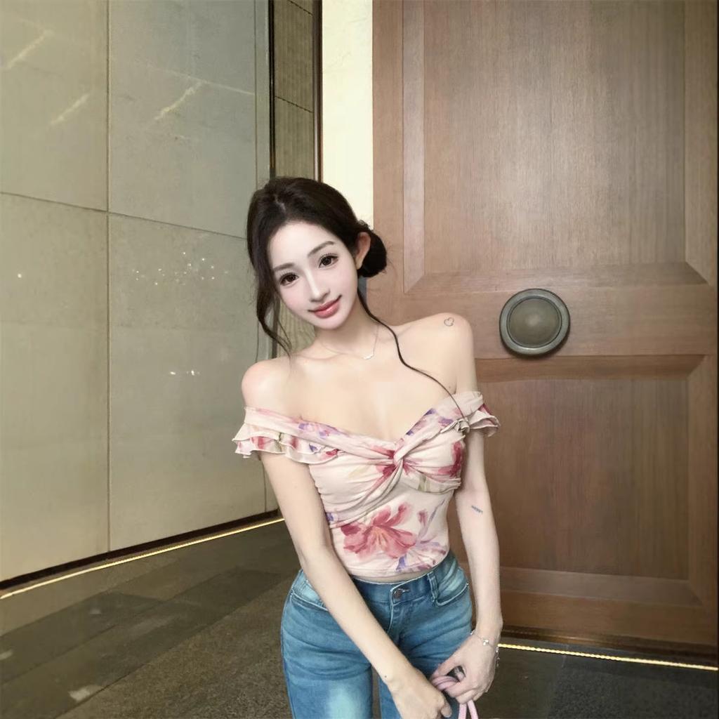One-word Shoulder Printing Kinky Short-sleeved Tube Top T-shirt Women's Summer Design Sense Slim-fitting Waist Pure Desire Style Short Top