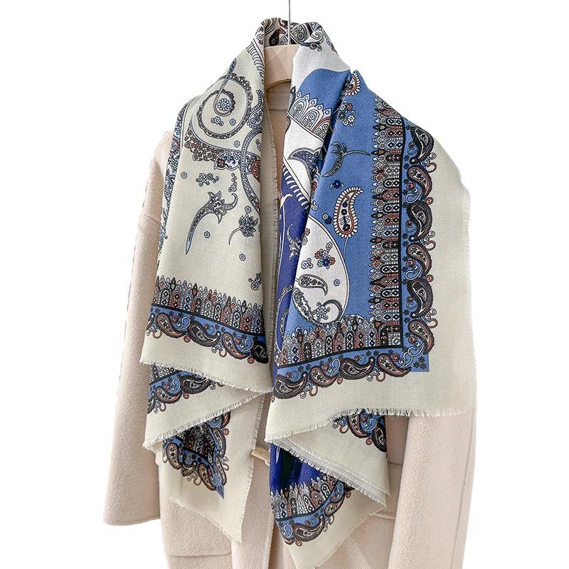 Spring and autumn retro niche literary and artistic fan cashew flower printed square scarf trendy fashionable clothing with shawl