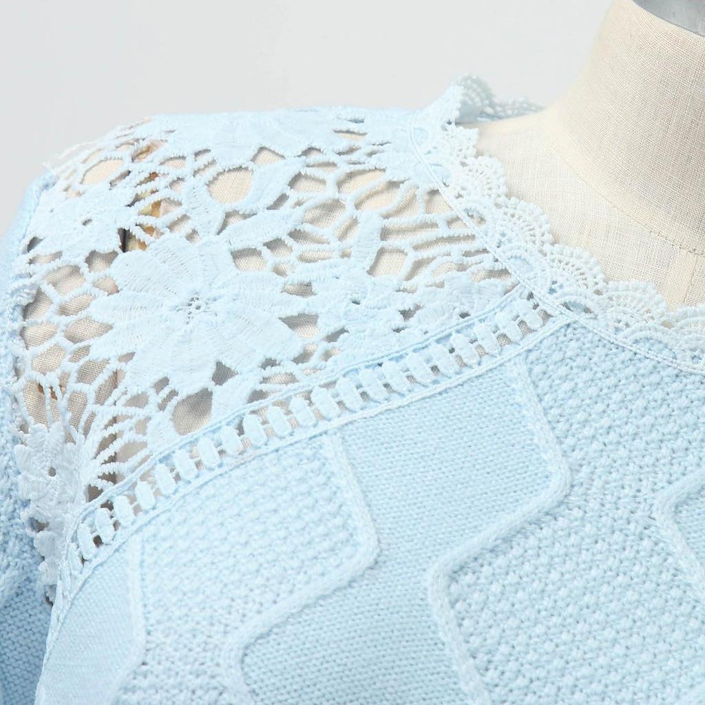 Damen Modisches Langarm-Stricktop mit Rundhalsausschnitt und hohler Spitze