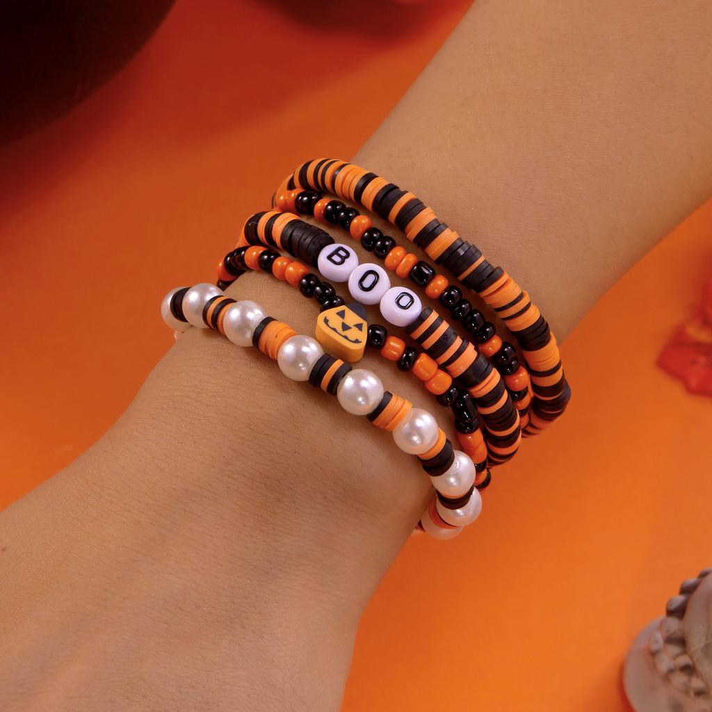 3Pcs Halloween Beaded Bracelet Set for Women Vintage Gothic Spider Ghost Pumpkin Skeleton Pendant Bangle Jewelry Gift