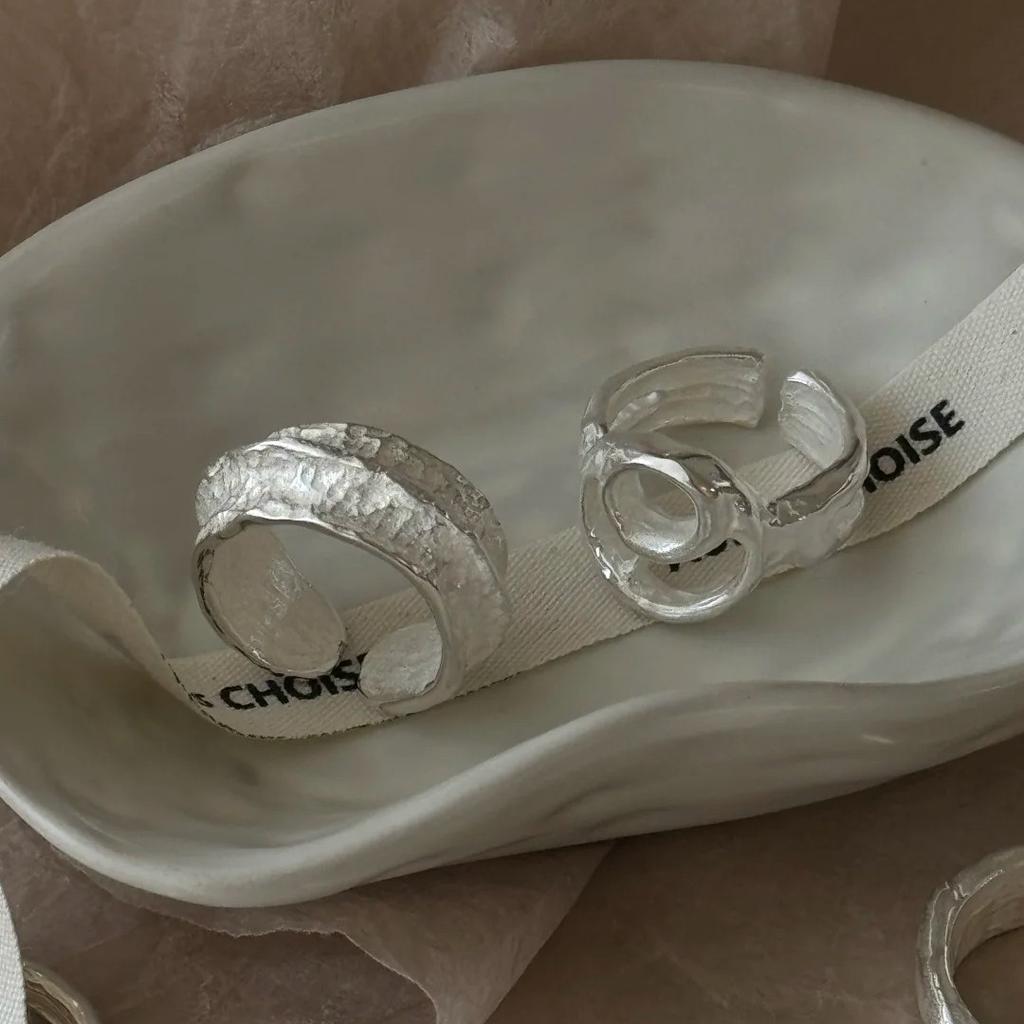 PANJBJ 925 Silver Frosting Geometry Ring for Women Wide Texture Versatile Handmade Ins Jewelry Gift