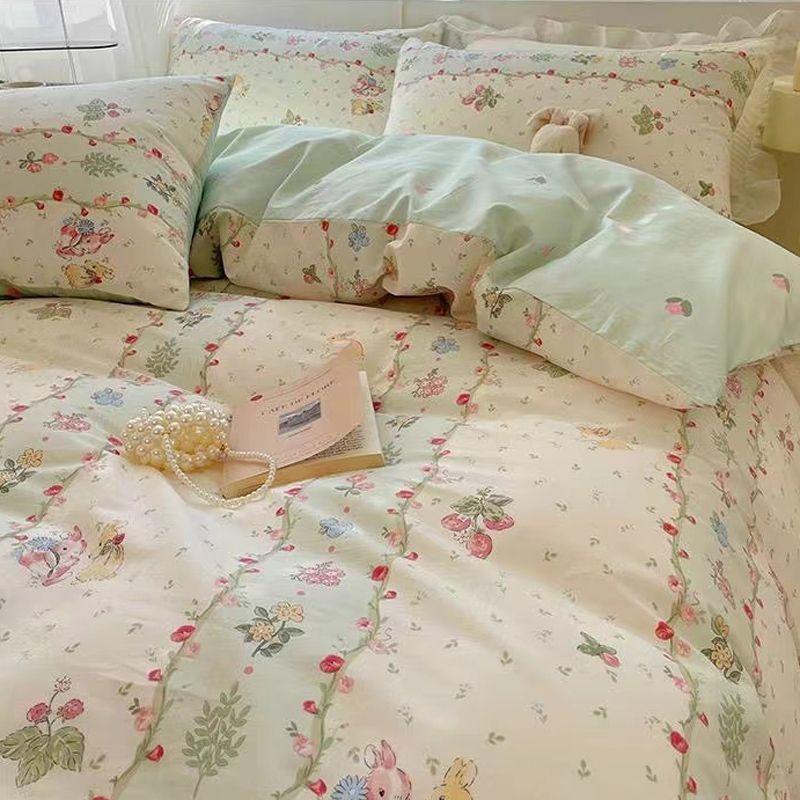 Fashion Floral Duvet Cover Set with Flat Sheet Pillowcase No Filler Girls Twin Full Queen Size Korean Soft Bedding Set