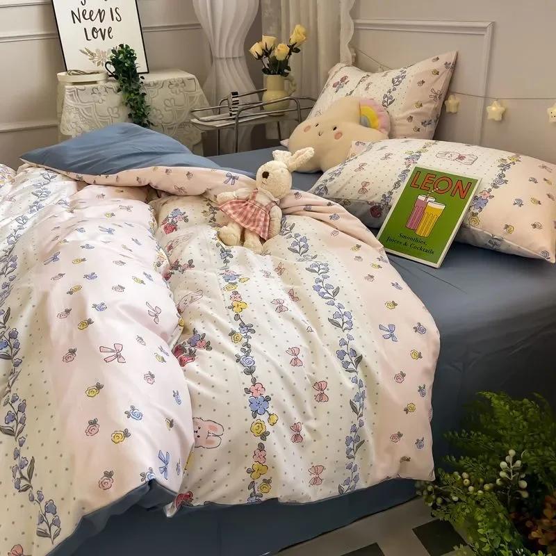 Green Floral Duvet Cover Set No Filler Pillowcase Flat Sheet Fashion Single Queen Size Girls Blanket Decoration Bedding Set