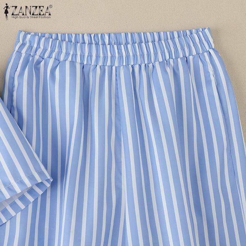 ZANZEA Women Short Sleeve Blouse and Pants Summer Stripe Print Two Piece Sets