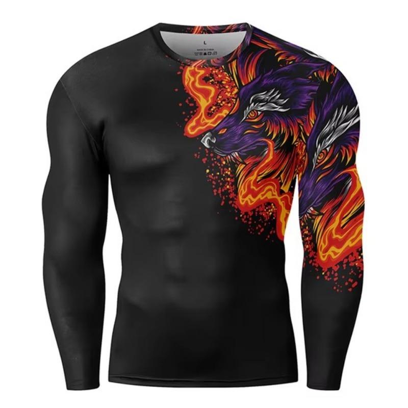 Muscle Tattoo Mens Compression T-shirts Long Sleeve Wolf Dragon Sportswear Rashguard Fitness Gym Tops Tees Streetwear