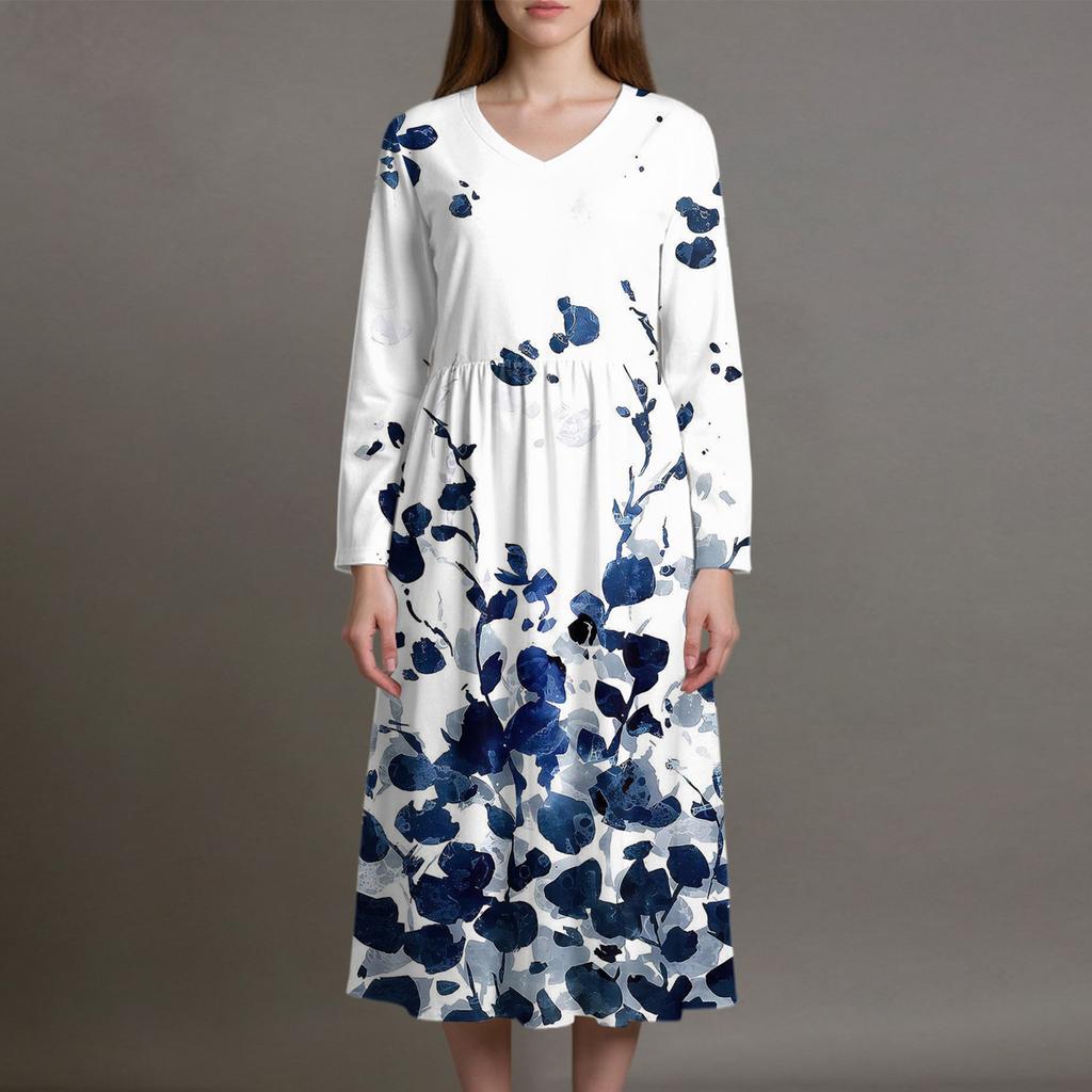 Rochie de Modă pentru Femei Primăvară Decolteu în V Rochie cu Mânecă Lungă