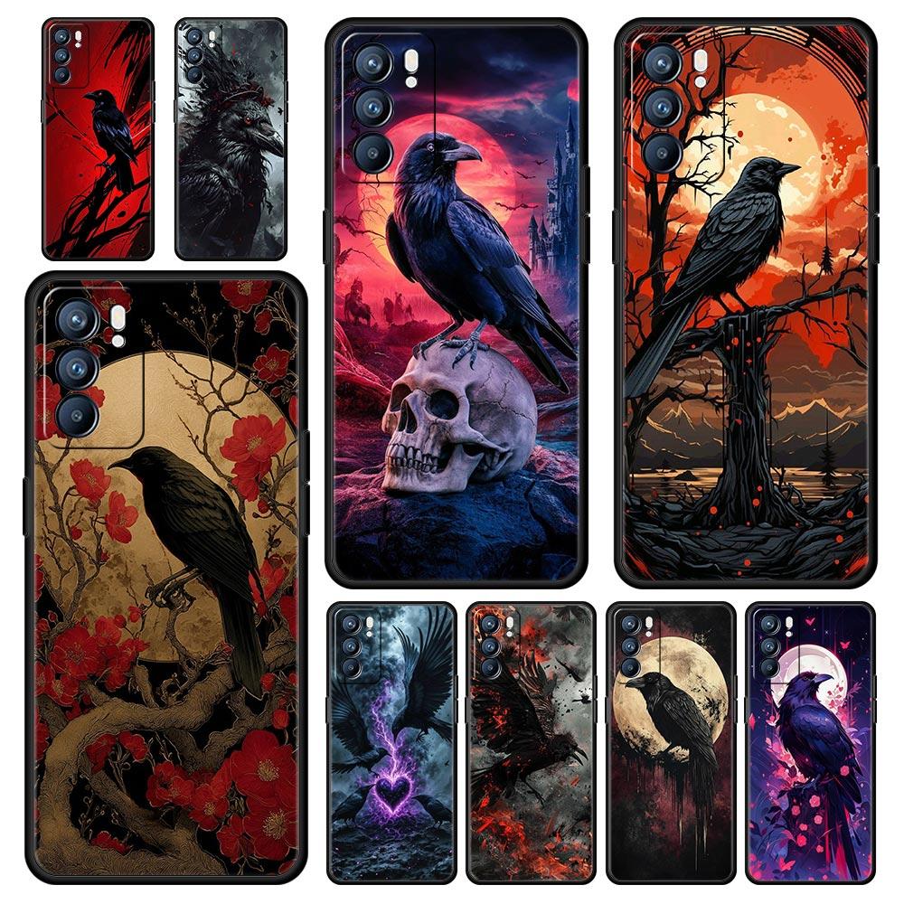 Black Raven Phone Case For Oppo A17 A31 A54 A57 A78 A79 A98 Find X5 X6 Reno 6 7 8 10 11 12 13 F Pro 5G Soft TPU Cover Fundas Bag