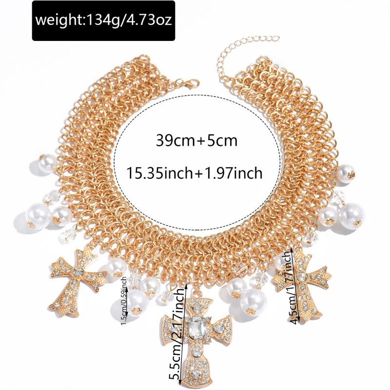 Pearl Cross Necklace Light Luxury Niche Jewelry Metal Collar Exaggerated Collarbone Chain Women