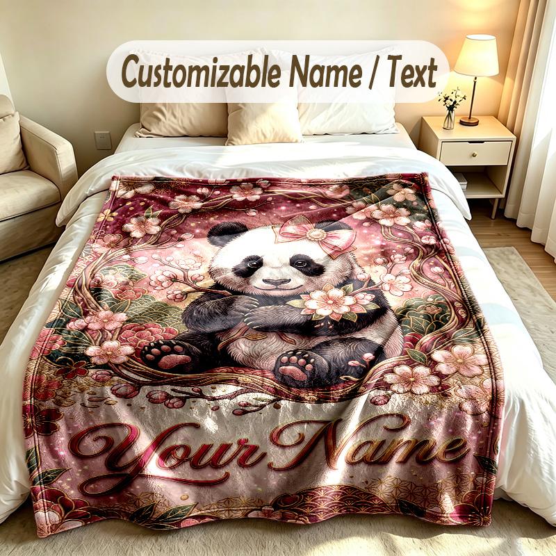Panda Theme Custom Blanket Personalized Name & Text Customized Soft Warm Throw Blanket Home Decor
