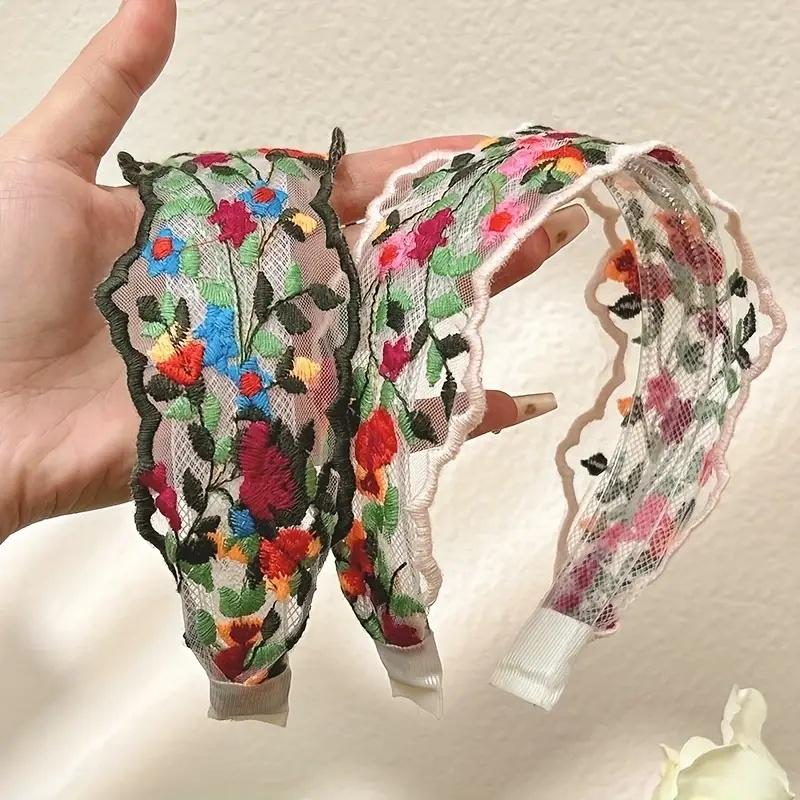 2pcs Women'S Floral Lace Headbands - Vintage Bohemian Wide Non-Slip Mesh Hairbands with Comb Teeth, Colorful Flower Embroidery