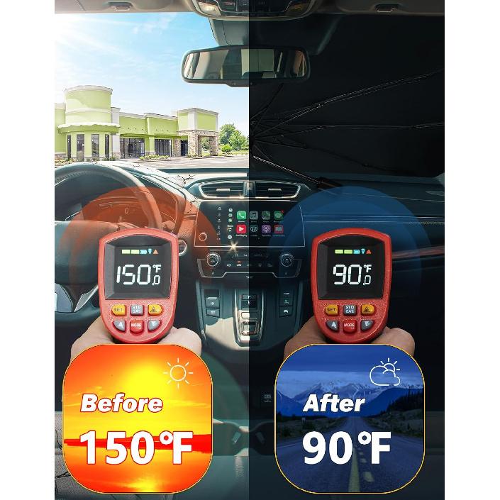 JOYTUTUS Windshield Sun Shade Umbrella, Upgraded 360° Rotation Bendable Shaft Handle, Foldable For Mini Car/Hatchback, Automotive Interior Sun