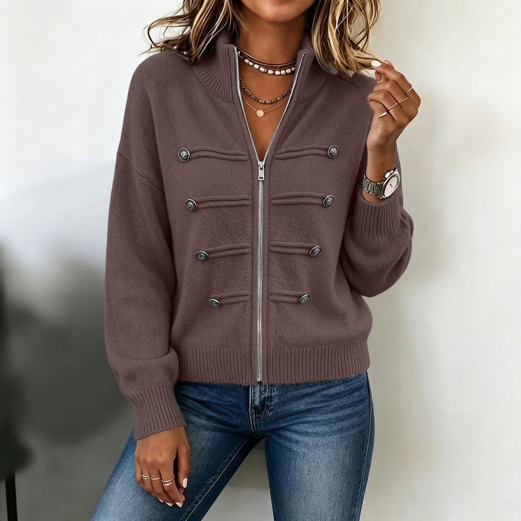 Women's Color Sweater Jacket with Stand Collar and Double Zipper for Casual Wear