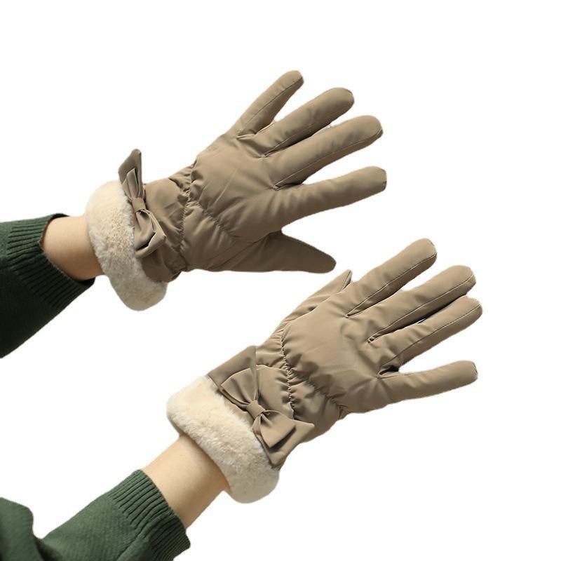 Student female winter cycling bow thickened cold-proof cute winter gloves velvet warm