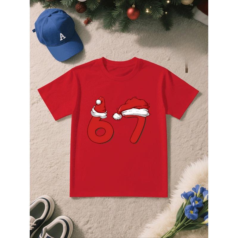 European sizes Merry Christmas! Stylish And Unique Short-Sleeve Top for Boys Featuring a '67' Pattern with Cartoon Prints