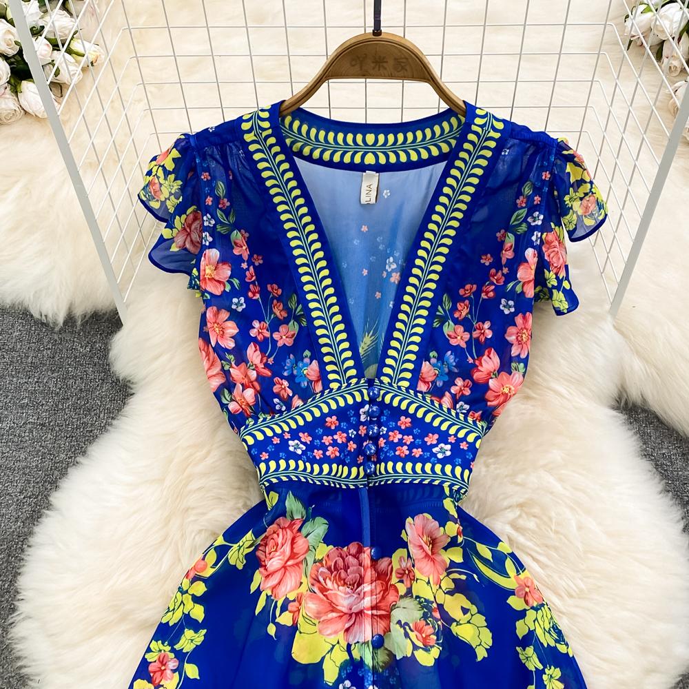 Fashion Runway Print Summer Dresses For Women Deep V Neck Flying Sleeve Single Breasted Split Long Pleated Chiffon Dresses