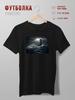 T-Shirt with Wave Print Lighthouse Ship