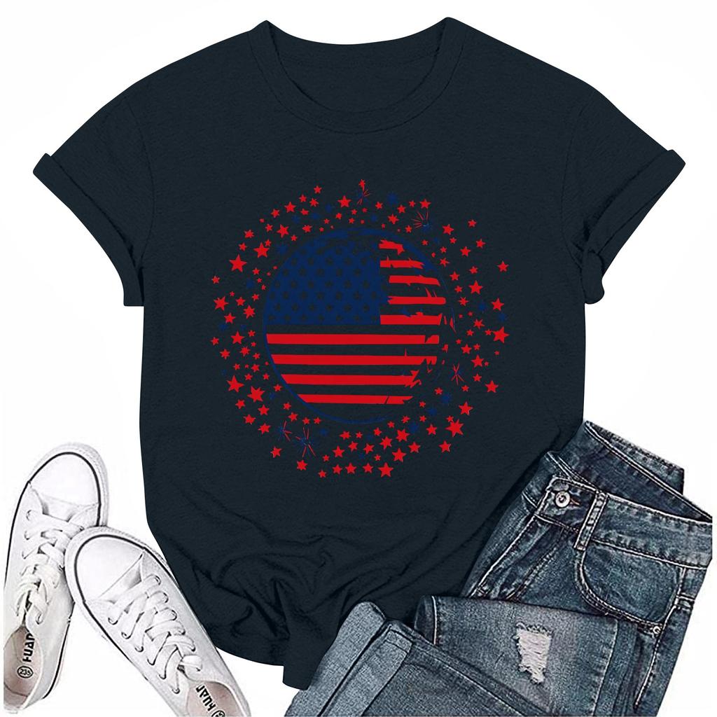 Women's Round Neck Casual Independence Day Printed Short Sleeve T-Shirt Top