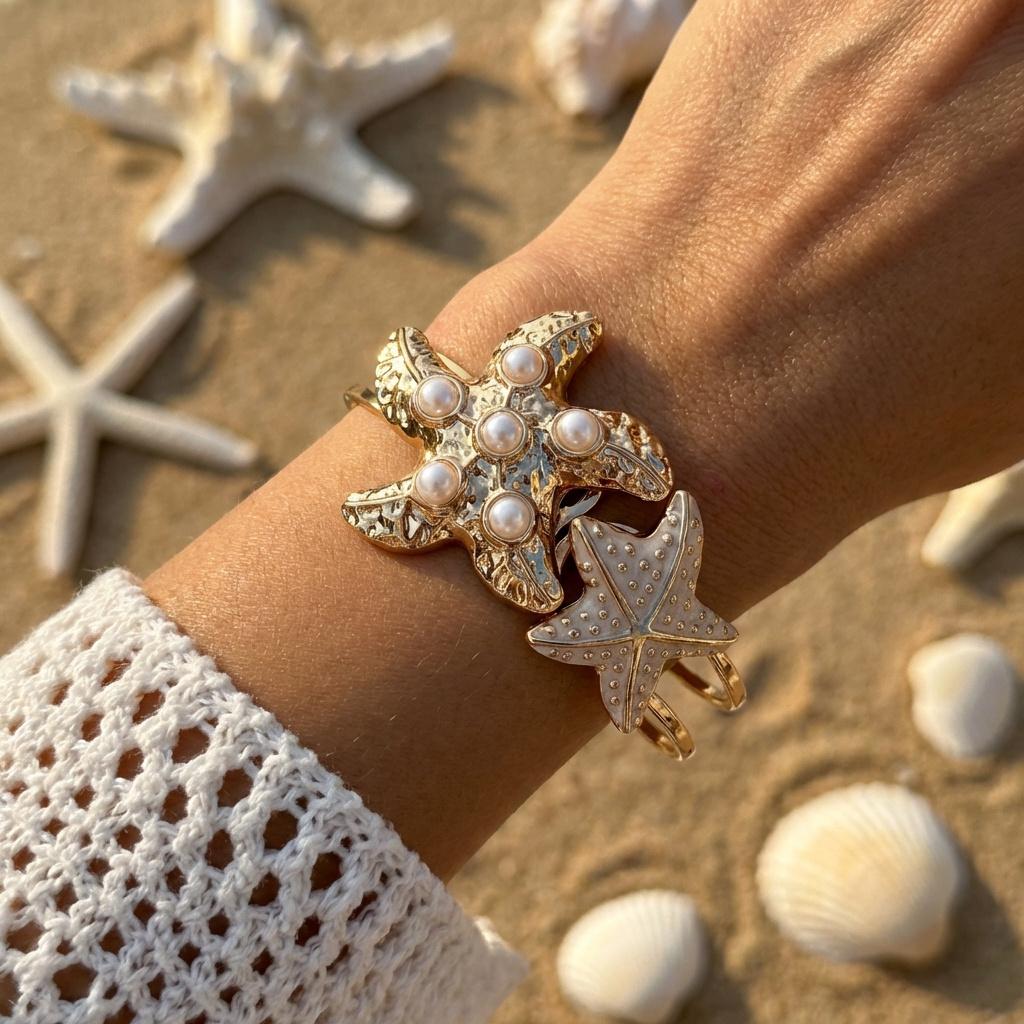Vintage Aesthetic Imitation Pearl Starfish Bracelet For Women Gold Color Metal Texture Enamel Open Cuff Bangles Vacation Jewelry