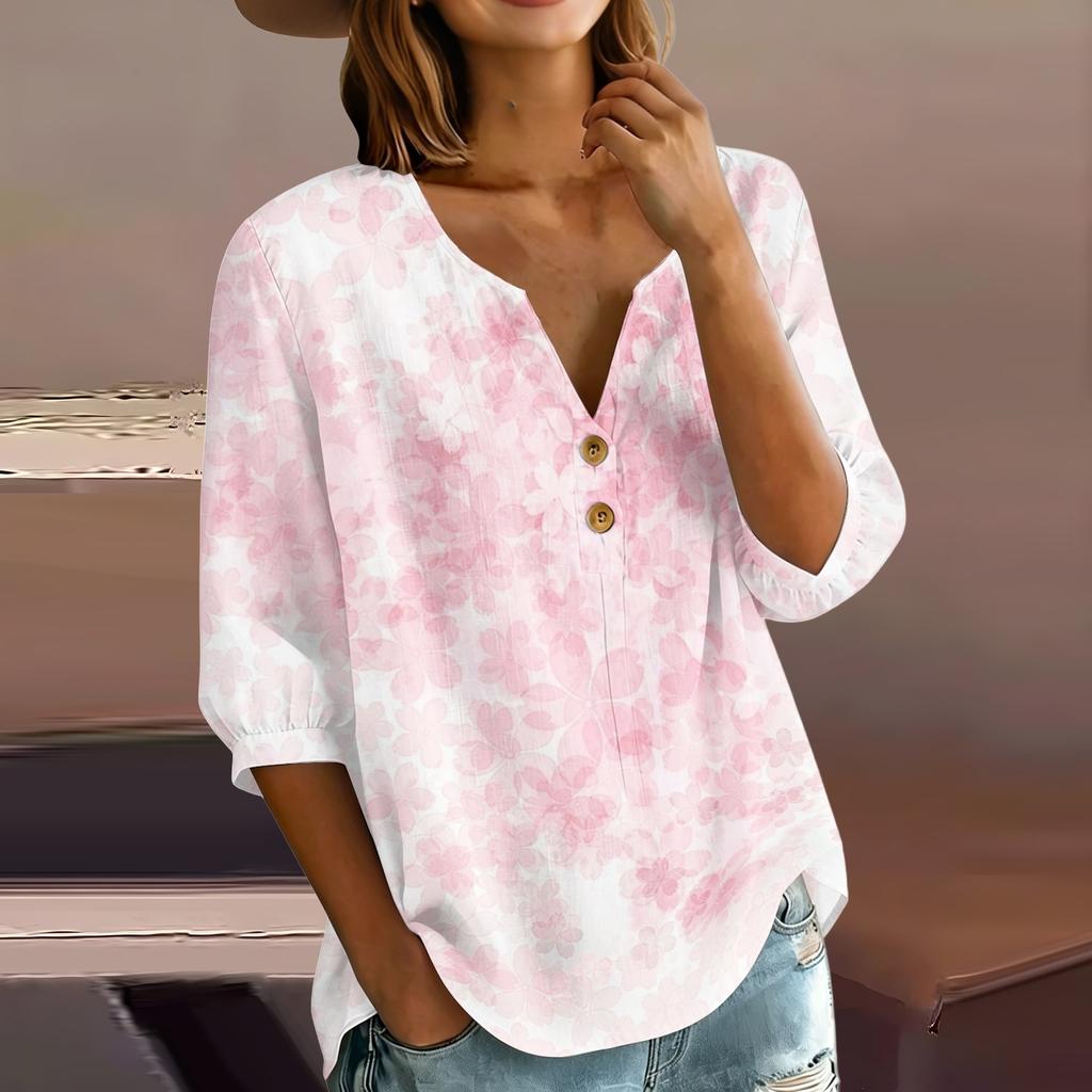 Women’s Floral Print Henley Neck Button Front Cotton Linen Blouse with Chest Pocket and Three Quarter Sleeves for Casual Wear
