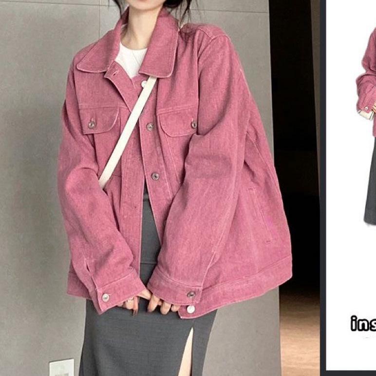 Women's Retro Rose Pink Denim Jacket – American and Hong Kong Style, Loose Fit, Versatile for Spring & Autumn