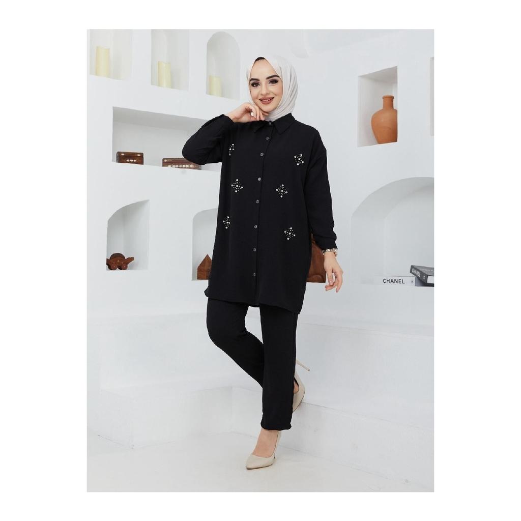 Women's Black Color Linen Shirt Collar Buttoned Bottom Top Set
