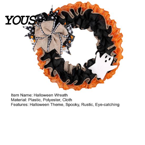 Spooky Door Wreath 15 Inch Halloween for Front Door, Rustic Ruffle with Linen Bow Ghost And Burlap Fireplace Walls Windows Gothic Party Decor