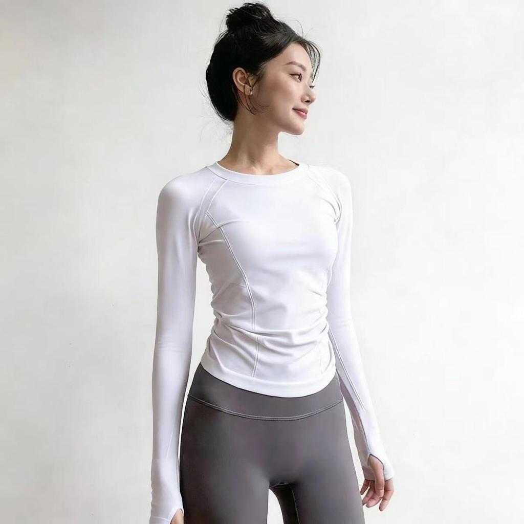 Women's Quick-Dry Long Sleeve Yoga Top - Round Neck, Tight Fit, Ideal for Running & Pilates