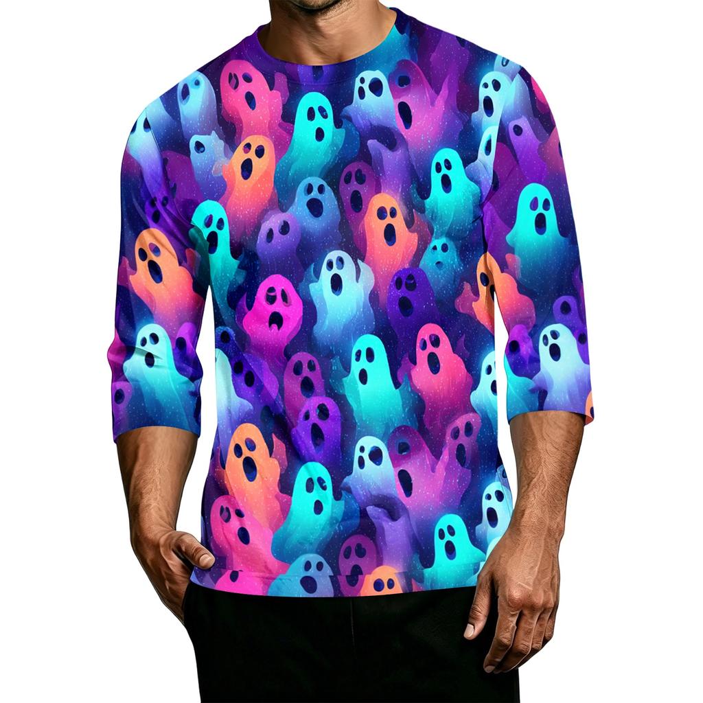 Men's Casual Halloween Printed Crew Neck T-Shirt Three Quarter Sleeve Top Lightweight Comfortable Fit Graphic Tee for Everyday Wear