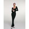 Discoglam Temperament Waist-Controlled U-Neck Dress Silm Slim Looking Black Sheath Long Dress for Women Spring & Fall